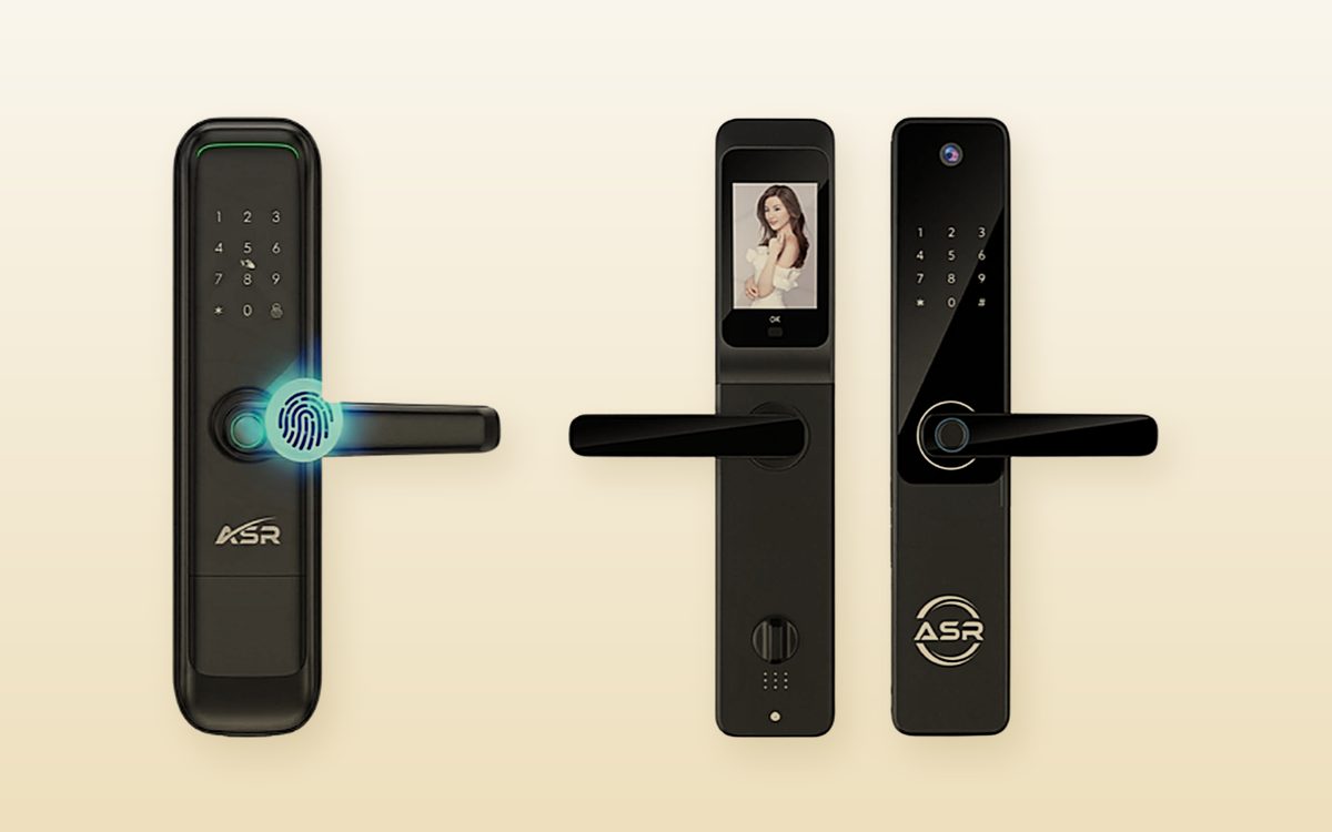 Two black fingerprint smart door locks with handles