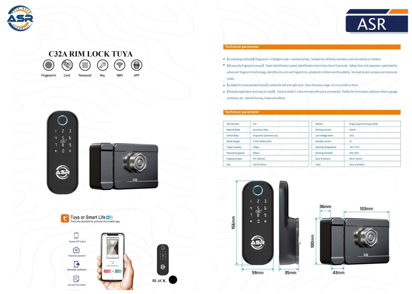 ASR C32A Rim Lock Tuya (RE 033 MBLK) - image 3